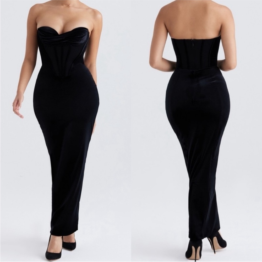 House of CB Thalia Black Velvet Corset Gown Maxi Dress Strapless Extra Small